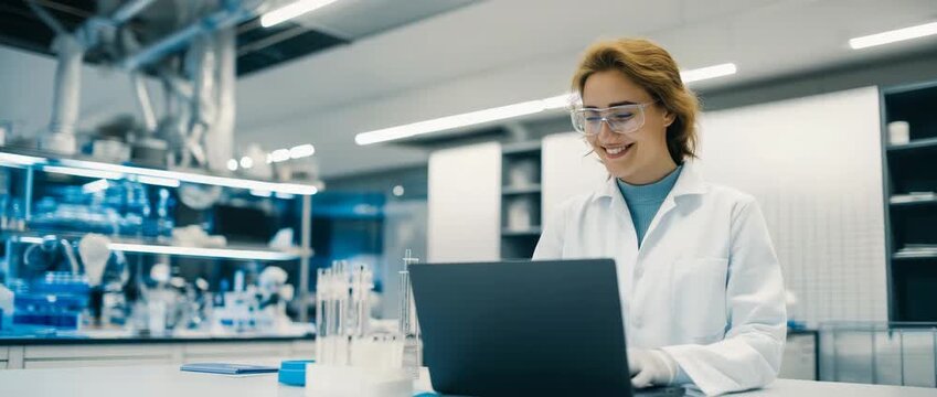 Female scientist working on laptop in modern laboratory, Concept of scientific research, biotechnology, innovation