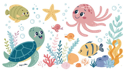 Colorful underwater scene with sea creatures and coral reef vector illustration