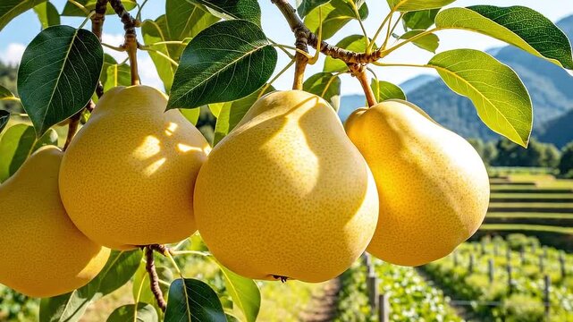 Ripe Golden Asian Pears Hanging on Branch in Sunny Orchard Plantation. Close-up of a cluster of perfectly ripe, golden-yellow Asian pears (Pyrus pyrifolia) hanging from a branch