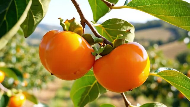 Ripe Orange Persimmon Fruits Hanging on Branch in Orchard. Close-up of two vibrant, fully ripened persimmons (Diospyros kaki) hanging from a branch in a sunny orchard
