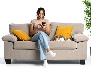 Obraz premium Woman using phone while sitting on sofa with cat, yellow pillows, & potted plant on white background