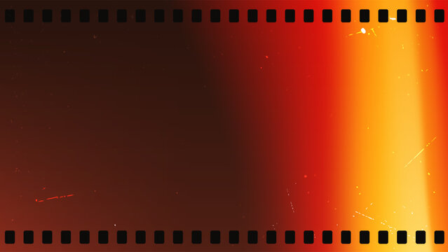 Film frame and camera leak effect, 16x9. Camera lens filter with light overlay effect, lens flare bokeh png bg with grain gritty noice texture. Burn red and orange gradient glow.