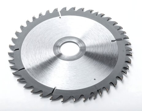 A silver circular saw blade with sharp teeth