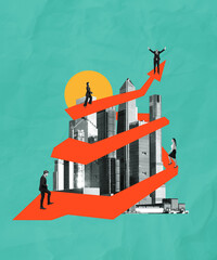 People on rising arrows over cityscape symbolizing progress, ambition, career growth, and success...
