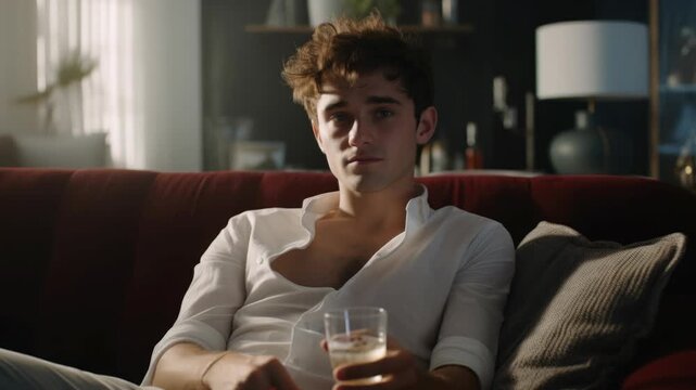 Young man relaxes on a red sofa. He holds a glass, looking directly at the camera. Soft sunlight streams through a window. He wears a white, unbuttoned shirt. Background features shelves and a lamp