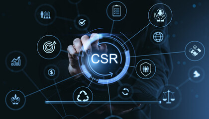 Fototapeta premium Corporate social responsibility interface with glowing csr symbol and interconnected icons showing sustainability and ethics in a modern digital style.