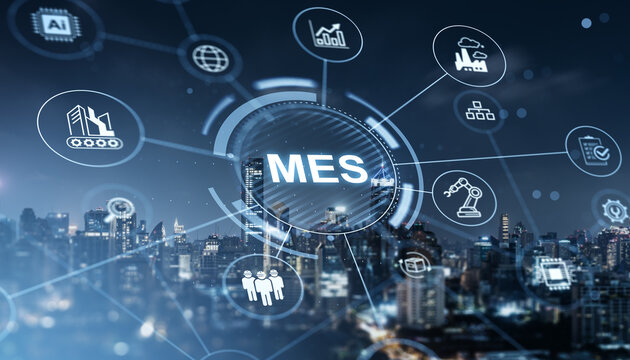 Manufacturing execution system interface with advanced floating industrial symbols over illuminated modern city skyline at night.""