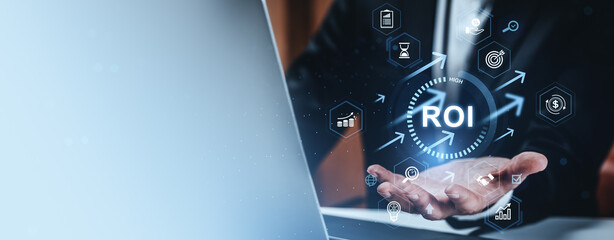 Business professional presenting glowing ROI icons with financial symbols in a modern digital...