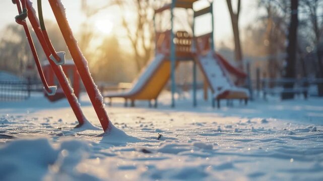 Snow blankets playground's icy ground. Sunlight glows golden through bare branches. Red slide rails stand frozen in snow. Children's laughter echoes in distant background