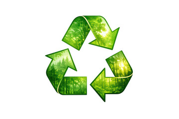 Obraz premium Green recycle symbol with lush forest inside showing environmental protection and sustainable development, transparent background