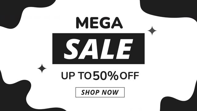 Mega Sale motion graphic. Mega sale animation highlights up to fifty percent off discounts. Great for promoting sales and offers in videos or presentations.