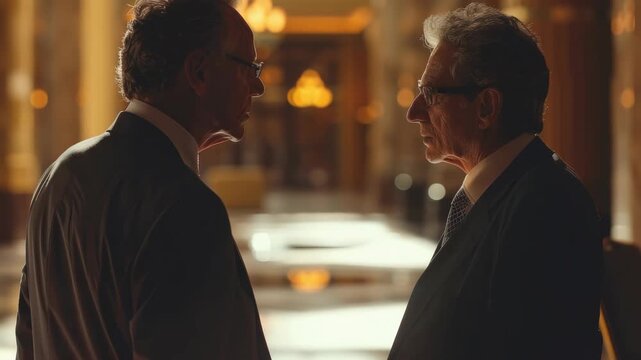 Two men in suits face each other in a dimly lit hall. Warm golden light illuminates their serious expressions. They stand close, eyes locked in intense conversation. Grand arches frame the background