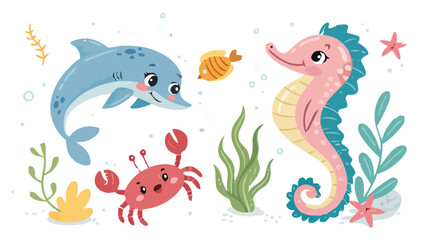 Fototapeta premium Colorful sea creatures with dolphin seahorse crab fish and starfish underwater