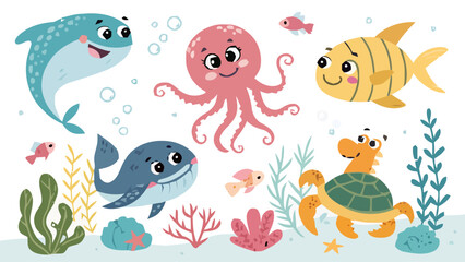 Fototapeta premium Cartoon ocean animals vector set with smiling sea creatures and coral reef