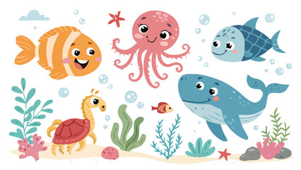 Fototapeta premium Cartoon ocean animals vector set with smiling fish octopus whale and turtle underwater