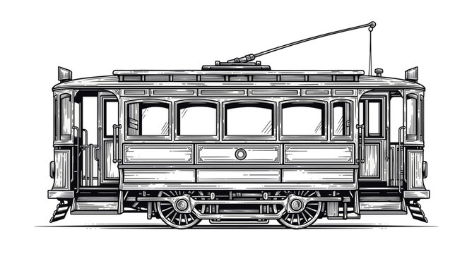 vintage engraving city tram streetcar classic public transport vehicle hand drawn woodcut style urban transportation illustration