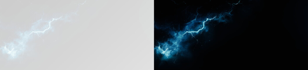 Realistic blue lightning bolt hitting through white mist and fog. Luminous electric storm discharge background. Airy cloud texture with high voltage spark for header.