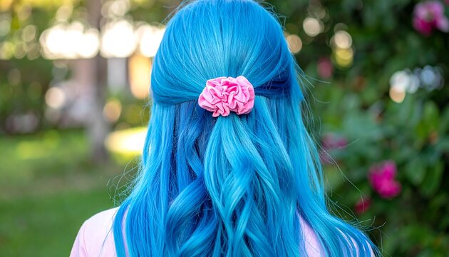 Woman with vibrant blue hair styled with a pink scrunchie in a garden setting, viewed from behind