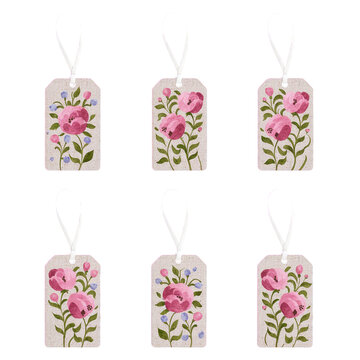 Collection of six kraft paper tags with pink floral and white strings pink flowers floral white strings
