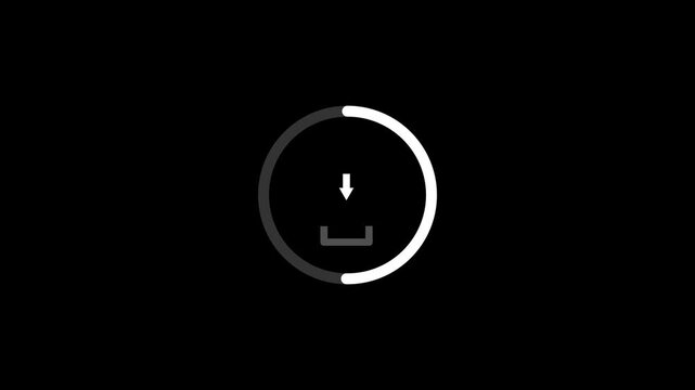 Minimalist white download icon with circular loading progress bar isolated on black background for user interface and web design projects. motion graphics of concept. animation. 4k video