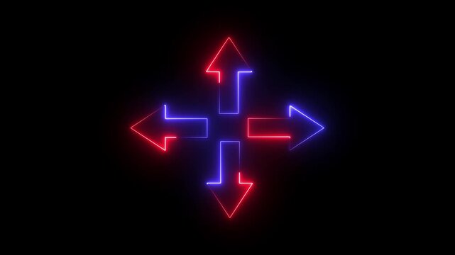 Blue and red neon four-way arrow icon representing navigation direction expansion move and digital interface technology on black background. motion graphics. of concept. animation. 4k video