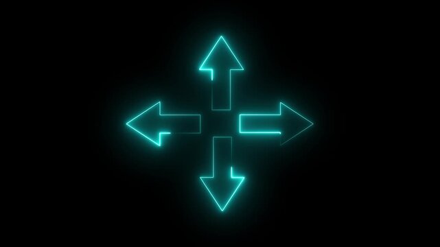 Cyan neon four-way arrow icon representing navigation direction expansion move and digital interface technology on black background. motion graphics. of concept. animation. 4k video