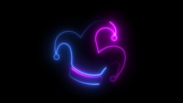 Abstract glowing neon Glowing Neon Jester joker Hat Icon Animation on Black Background. Neon Clown Hat with Bells . Casino gambling .4k motion video animation