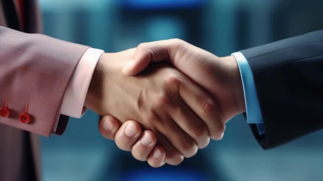 Two hands shake firmly, symbolizing trust. One wears pink suit, the other dark suit. Focused on grip, no other details visible. Professional, clean, corporate agreement vibe. Slight blur background