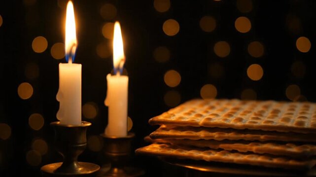 Burning shabbat candles and stack of matzah bread for passover celebration