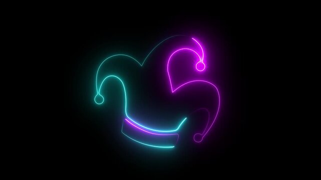 Abstract glowing neon Glowing Neon Jester joker Hat Icon Animation on Black Background. Neon Clown Hat with Bells . Casino gambling .4k motion video animation