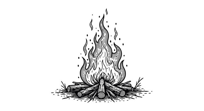 vintage engraving campfire burning wooden logs detailed outdoor camping illustration hand drawn fire flames in retro woodcut style
