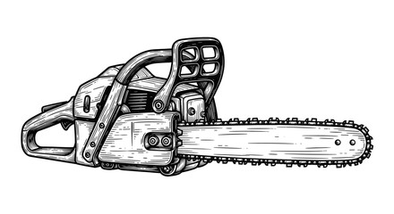 Naklejka premium Vintage engraving chainsaw power tool detailed woodworking equipment illustration hand drawn woodcut style