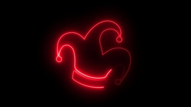 Abstract glowing neon Glowing Neon Jester joker Hat Icon Animation on Black Background. Neon Clown Hat with Bells . Casino gambling .4k motion video animation