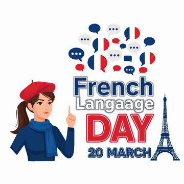 French Language Day celebration with Eiffel Tower and speech bubbles.