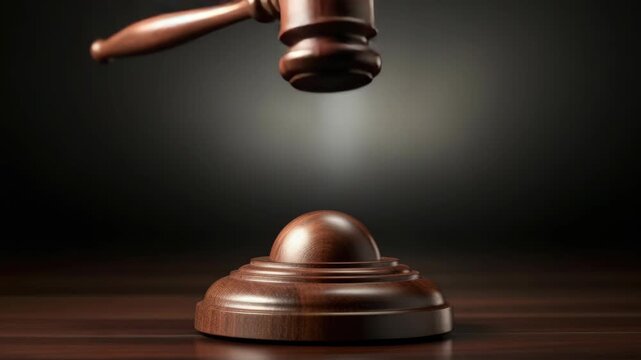 Wooden gavel hovers above its base. Dark background highlights the gavel's polished wood. Stillness suggests pause before judgment. Smooth surface reflects subtle ambient light