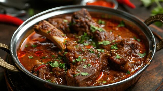 Rich, slow-cooked lamb stew in a copper bowl. Fresh herbs garnish the vibrant, fragrant sauce. Serving dish rests on dark, rustic wooden surface. Deep red broth glows warmly under soft lighting