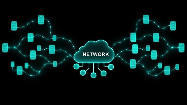 Cloud computing network diagram with glowing cyan lines connecting data blocks to a central cloud icon labeled logic. Motion graphics of concept. animation. 4k video