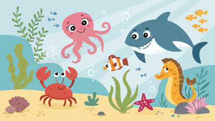 Friendly sea creatures cartoon vector bundle with octopus dolphin crab fish and seahorse underwater