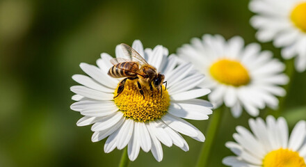 A bee collecting nectar from a white daisy flower in a lush green garden viewed from a close-up perspective