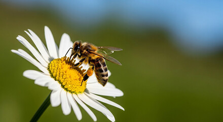 Fototapeta premium A bee collecting nectar from a white flower in a lush green field on a sunny day from a close-up view