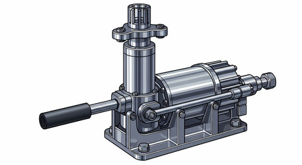 Detailed illustration of a complex industrial gearbox with multiple shafts and a manual control handle.