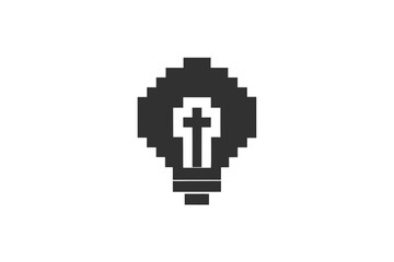 Obraz premium Retro Gaming Style Lightbulb Silhouette, Monochrome Pixel Art for Creative Problem Solving