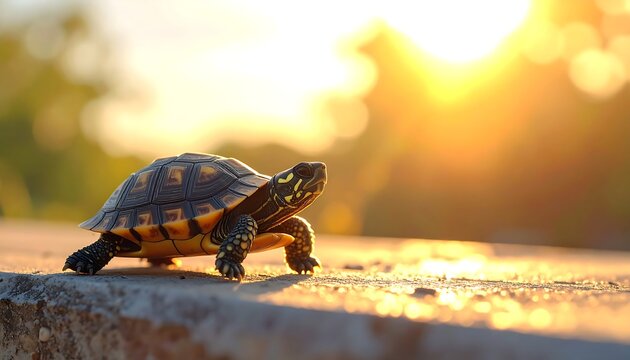 A small turtle walks on a concrete surface towards the sunset