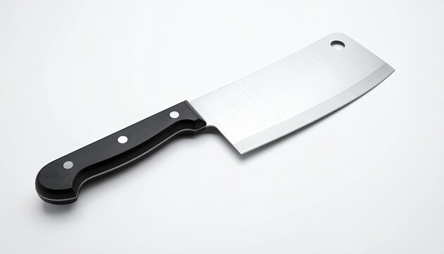 A large, rectangular-bladed cleaver with a black handle, lying on a white surface