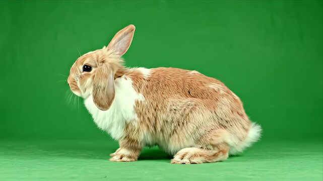 Adorable Tan and White Rabbit with Drooping Ears Sits Calmly on a Vibrant Green Screen Background Showcasing its Fluffy Tail and Soft Fur Texture Ideal for Compositing and Creative Projects