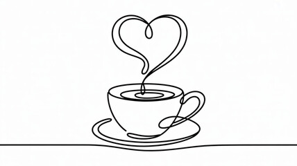 Obraz premium Continuous line drawing of a steaming cup of coffee with heart shaped steam on a saucer