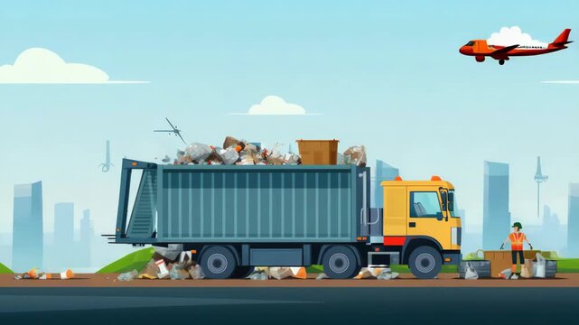 Blue sky with soft clouds above. Yellow truck carries mixed trash in its bed. City skyline stands behind green hills. Worker stands beside truck, holding tool. Garbage piles line the roadside