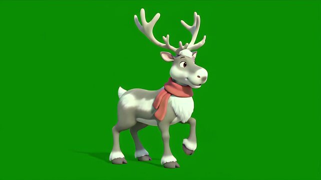 Animated Cartoon Reindeer Standing Still Wearing a Red Scarf Isolated on a Vibrant Green Screen Background with Soft Shadows
