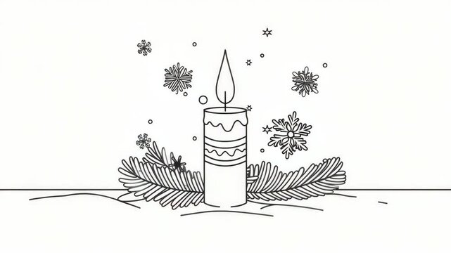 Candle stands bright, flames gently flicker. Snowflakes drift softly around the candle. Ferns frame the base with delicate curves. Tiny stars float above, adding festive charm