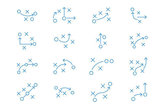 American Football Strategy Playbook Icons Set, Tactical Game Plan Diagrams with X and O Players, Movement Arrows, Coaching Strategy Symbols, Sports Training Vector Illustration.eps10